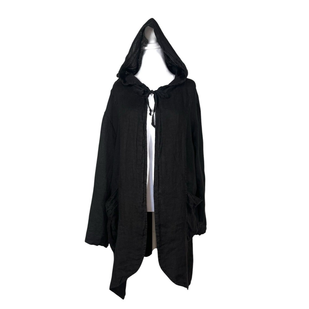 Tempo Paris Hooded Cloak Size M/L Black  100% Linen Renaissance Witchy Goth